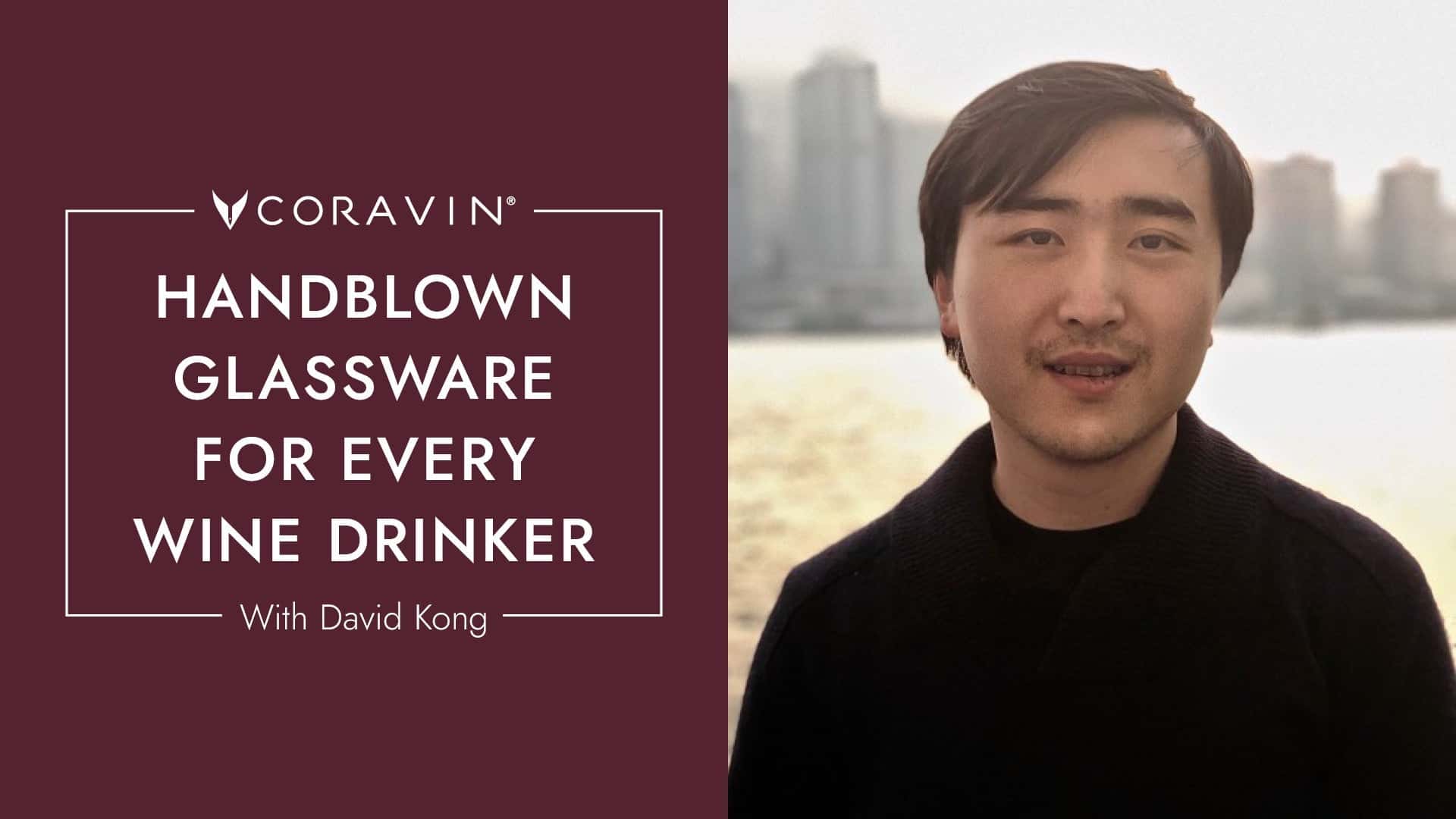 Coravin promotional banner featuring David Kong with the text 'Handblown Glassware for Every Wine Drinker' and a waterfront cityscape in the background.