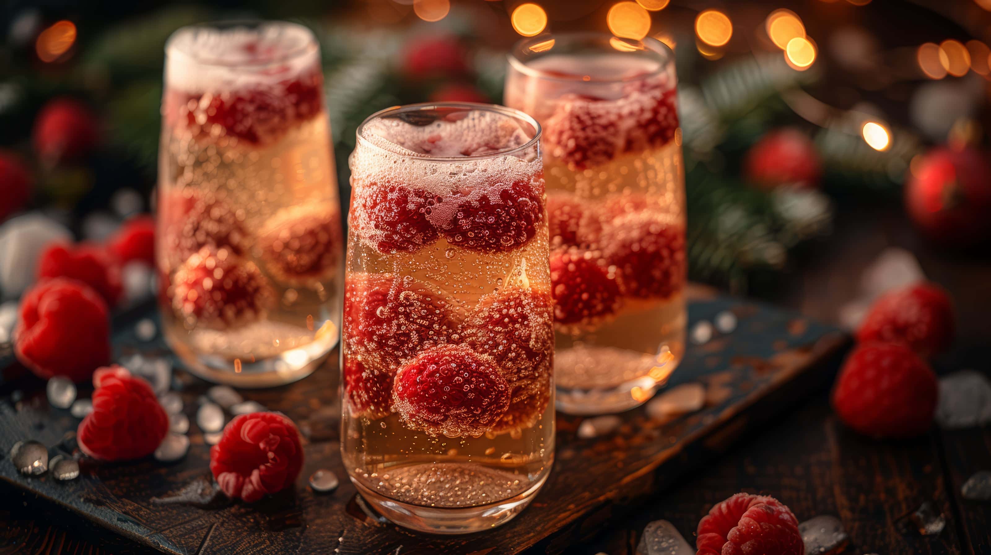 Festive glasses of sparkling wine garnished with fresh raspberries and ice, surrounded by holiday lights and decorations.