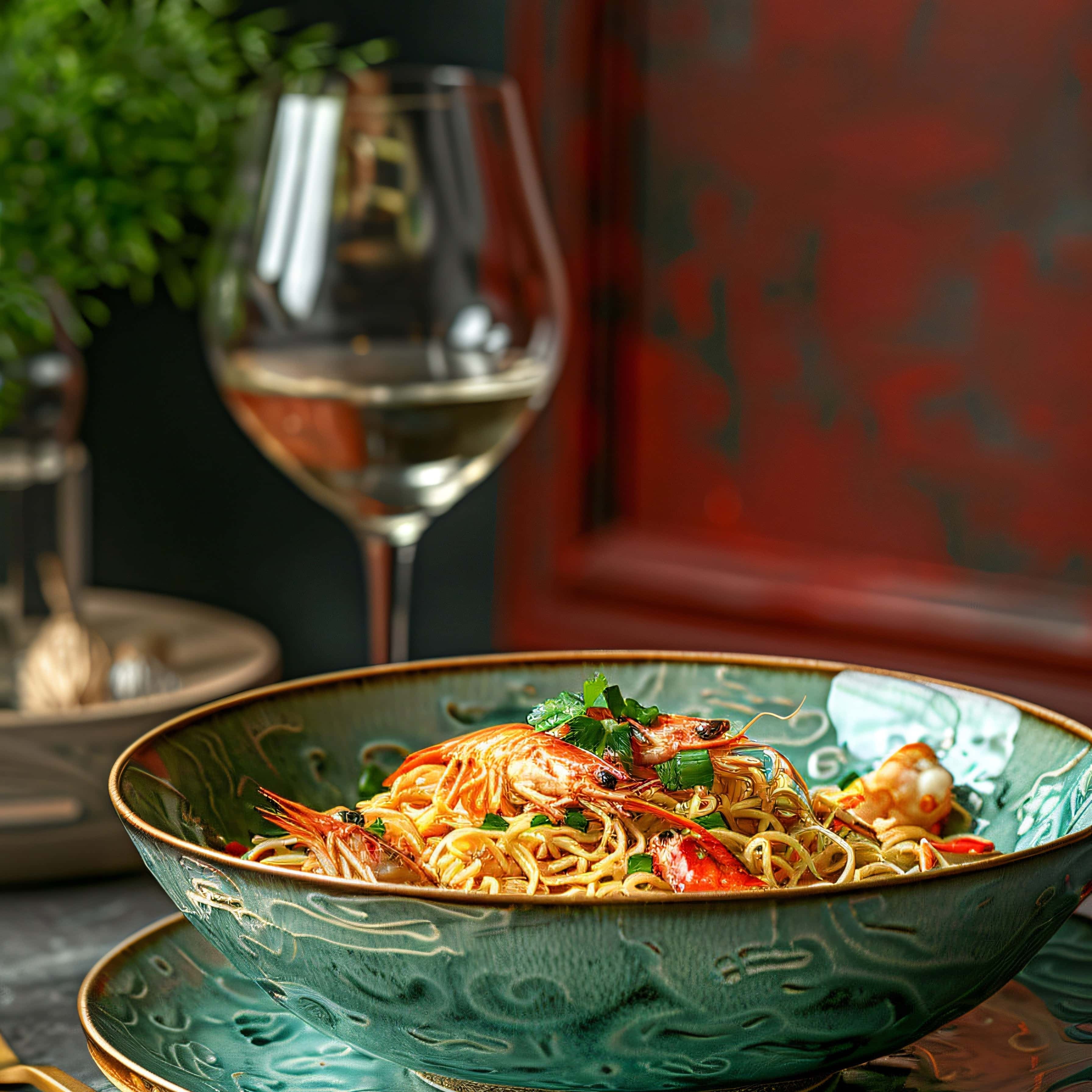 Gourmet seafood noodle dish served in an ornate green bowl, paired with a glass of white wine on a dark table setting—highlighting wine and food pairing elegance