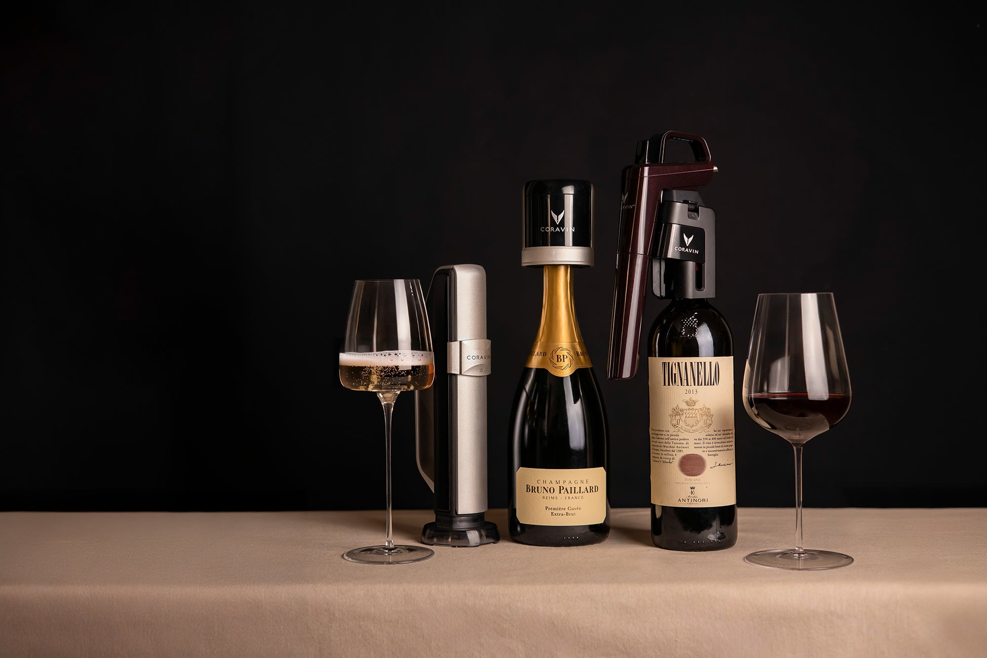 Coravin wine preservation systems wine gifts showing Sparkling and Timeless with wine