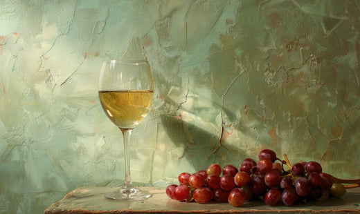Glass of dry wine and a bunch of red grapes on a rustic table, set against a textured green wall with soft natural lighting creating a serene still-life scene