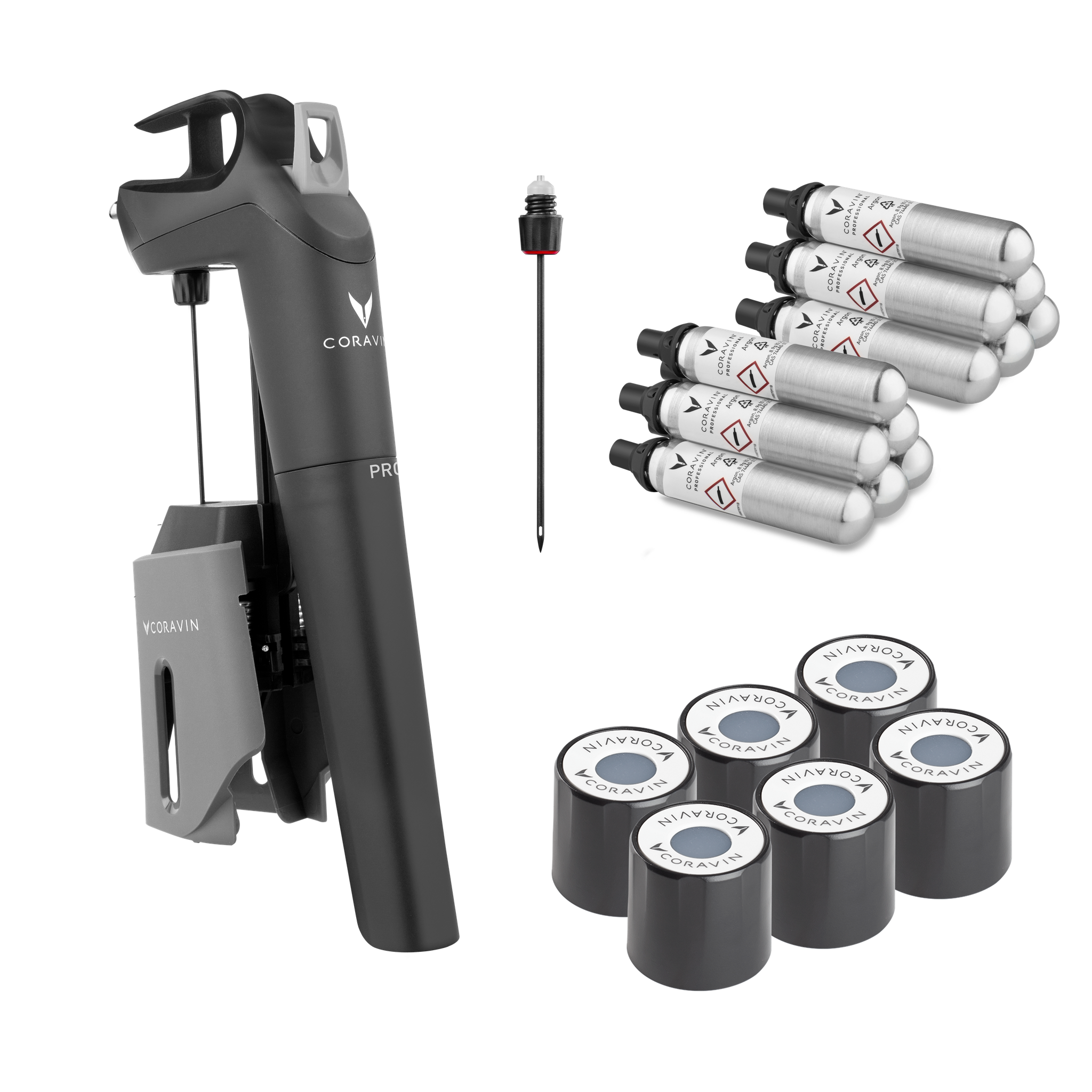Coravin Timeless Three Pro Kit contents, featuring a system, capsules, screw caps, and a needle
