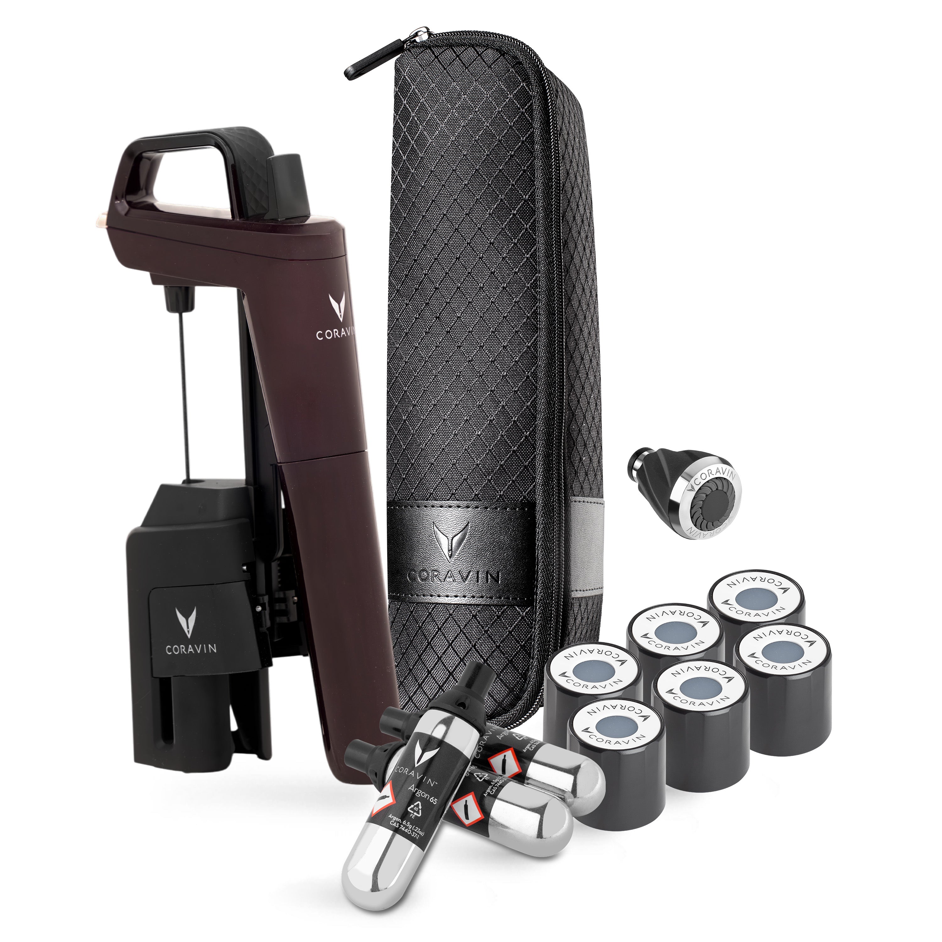 Limited Edition Coravin wine by-the-glass system with accessories on a white background