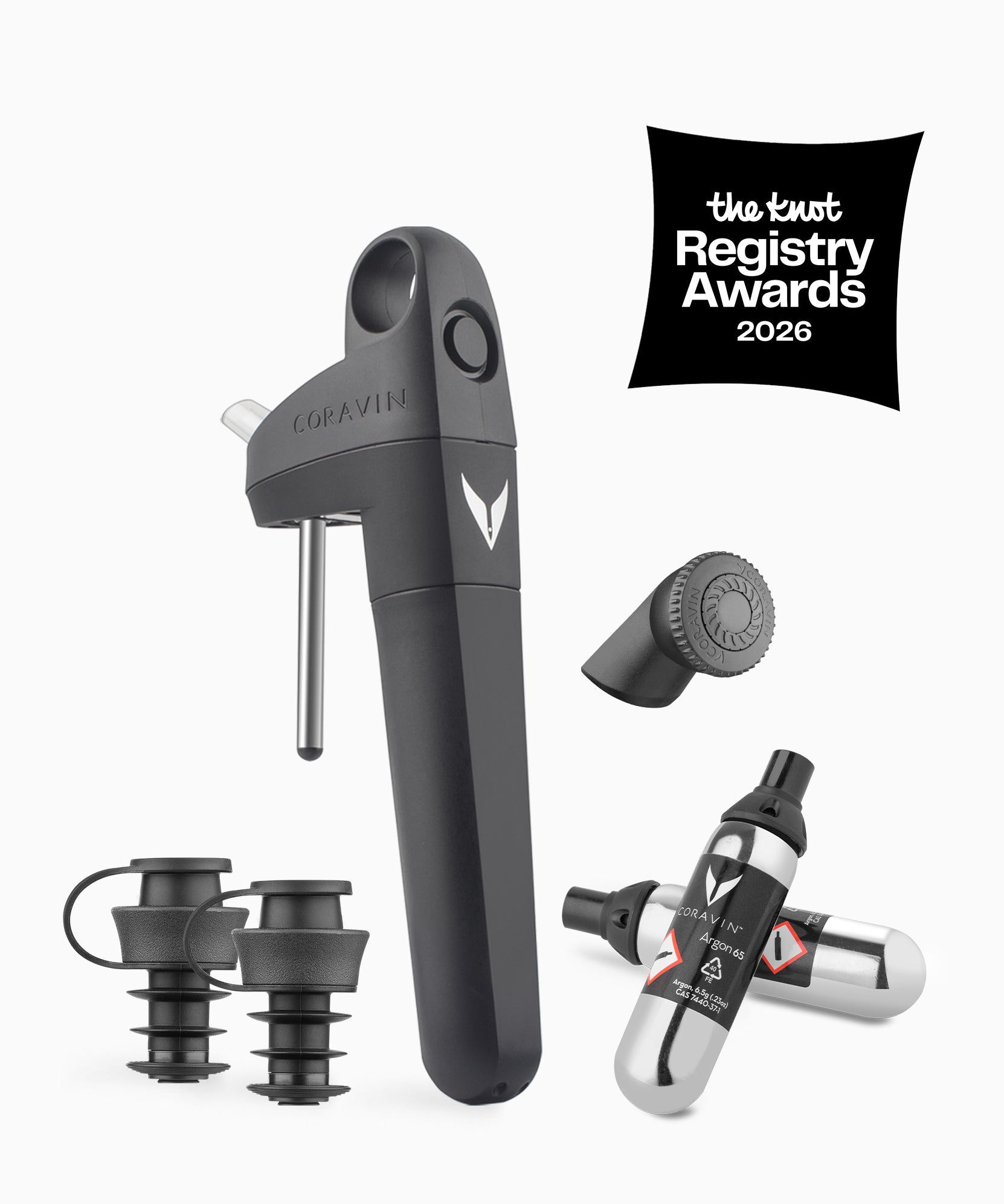 The image shows a black Pivot+ Wine by-the-Glass System, including a Pivot Aerator, a wine bottle stopper, and two argon capsules; with a badge indicating selection by The Knot Registry Awards